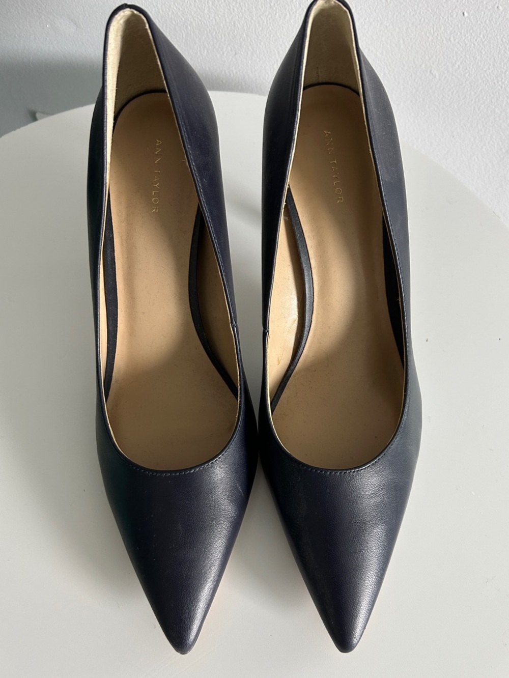 Ann Taylor Navy Pointed-Toe Leather Pumps